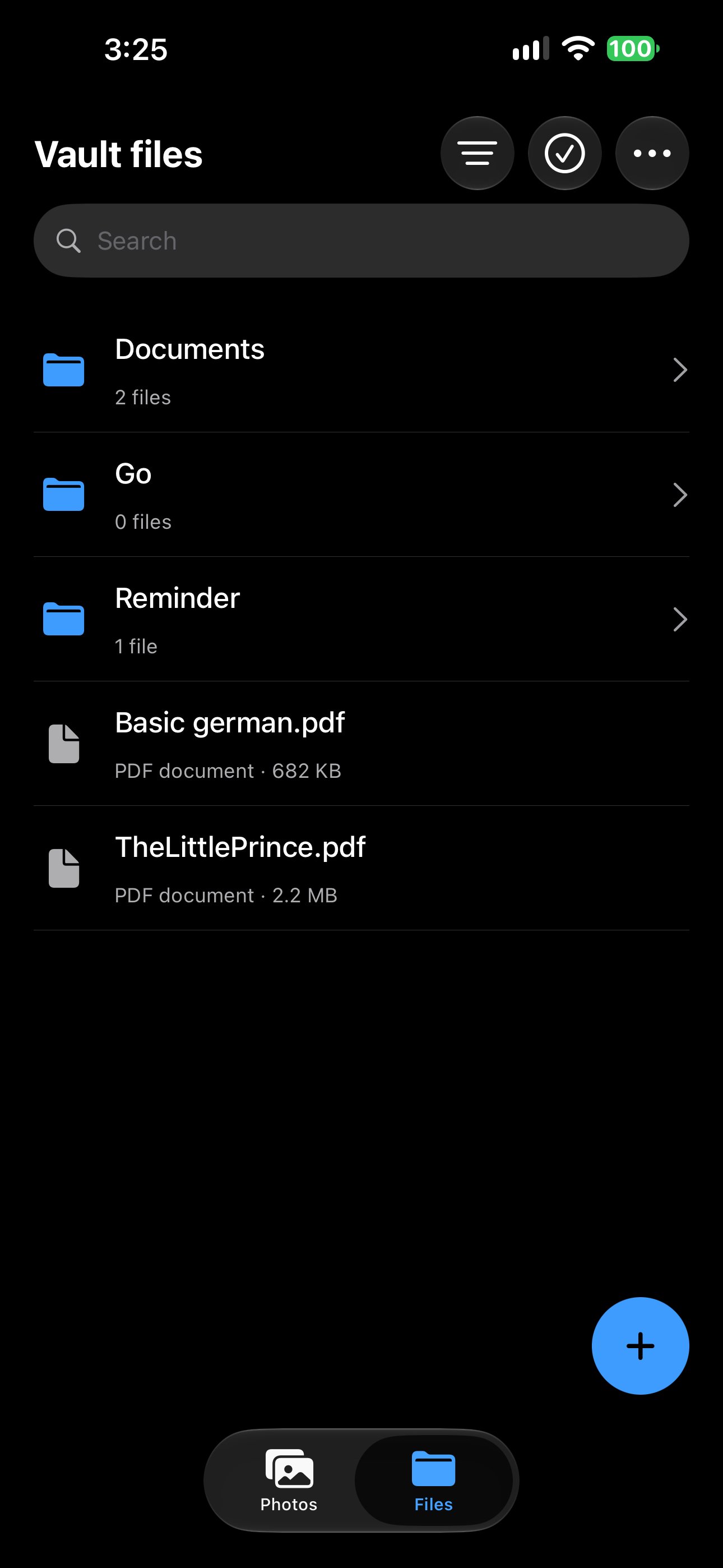Vaultever’s Files screen, with folders and PDF documents stored inside a vault.