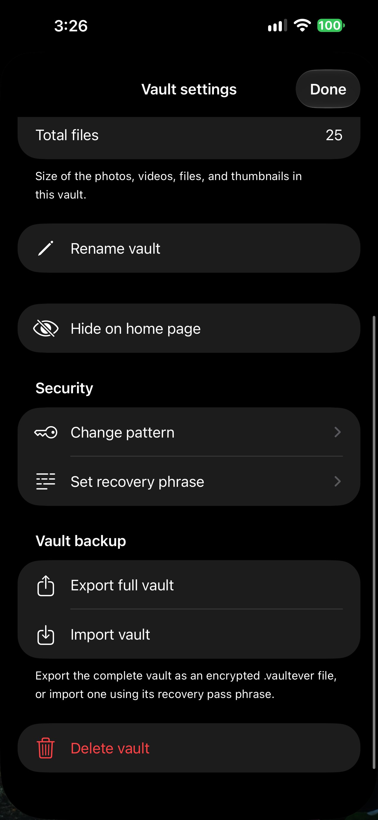 Vault settings showing recovery phrase and encrypted backup options.